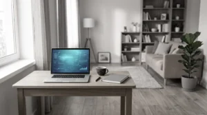 Laptop mit blau leuchtendem Bildschirm auf einem Holztisch im Wohnzimmer als Homeoffice-Arbeitsplatz